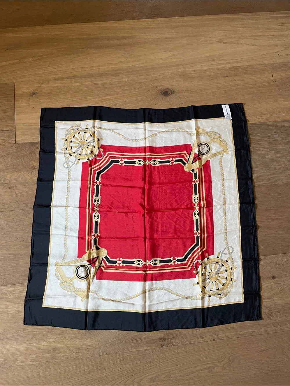 Vintage Liz Clabourne Nautical 100% Silk Scarf - Red Gold Black Stripe Square
